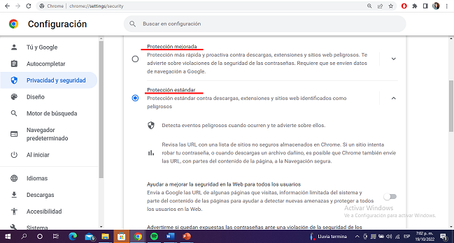 Opciones de configuración google chrome