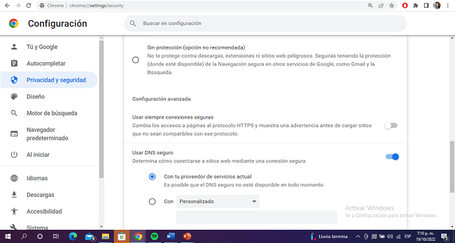Opciones de configuración google chrome